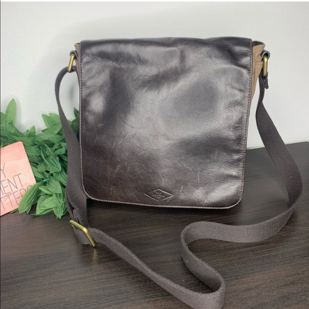 Fossil brown leather and canvas messenger bag